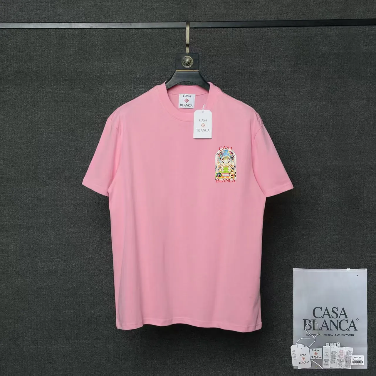 26ss CASABLANCA original printing process short-sleeved T-shirt original development using high-density double yarn pure cotton fabric upper body soft and comfortable color Black White Dark Green color Orange Pink Blue Royal Blue color cigarette powder 8 colors Sizes S M L XL